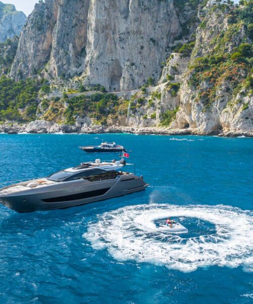 Profile of KAR 88 foot Riva yacht for charter.