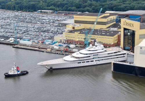 Lurssen Yacht SCHEHERAZADE Leaving Lurssen