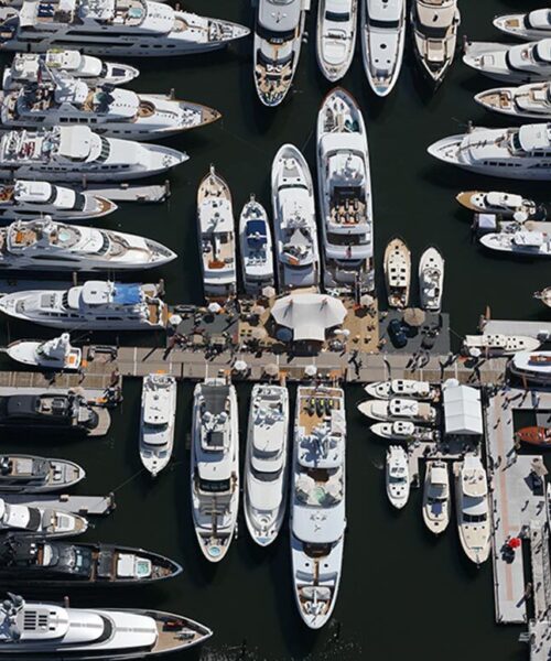Aerial view of Worth Avenue Yachts' display at the 2025 Palm Beach International Boat Show (PBIBS).