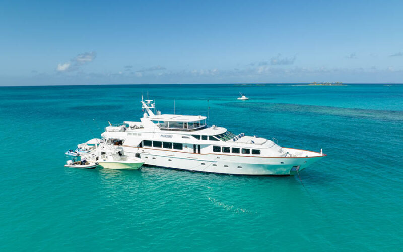 Aerial of 124' Bahamas charter yacht PURSUIT