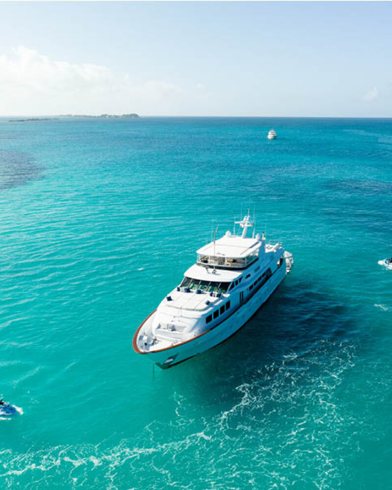 Aerial of 124' Bahamas charter yacht PURSUIT